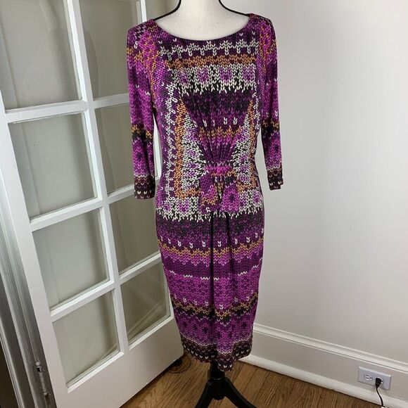 David Meister Women’s Pink/Brn Patterned 3/4 Sleeve Boat Neck Dress Sz M - Picture 1 of 6